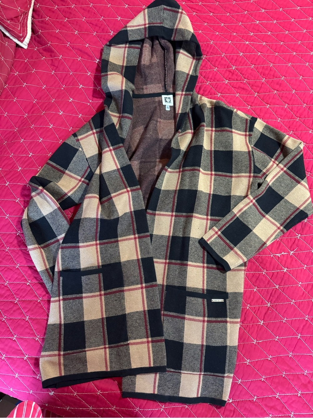 Anne Klein Women’s Hooded Plaid Coat in Beige, Black & Red